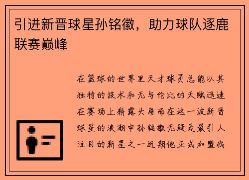 引进新晋球星孙铭徽，助力球队逐鹿联赛巅峰